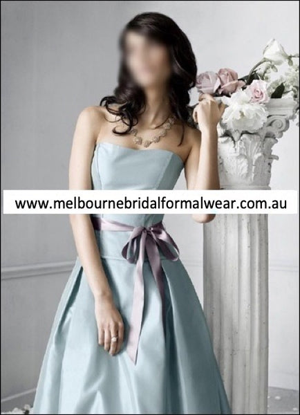ELEGANT SATIN ICE BLUE BRIDESMAID DRESS WITH CORSET BODICE & SASH (LR026)